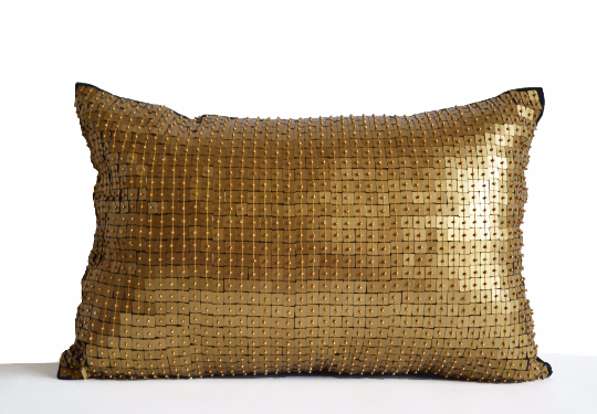 Handmade navy blue throw pillow with gold sequin