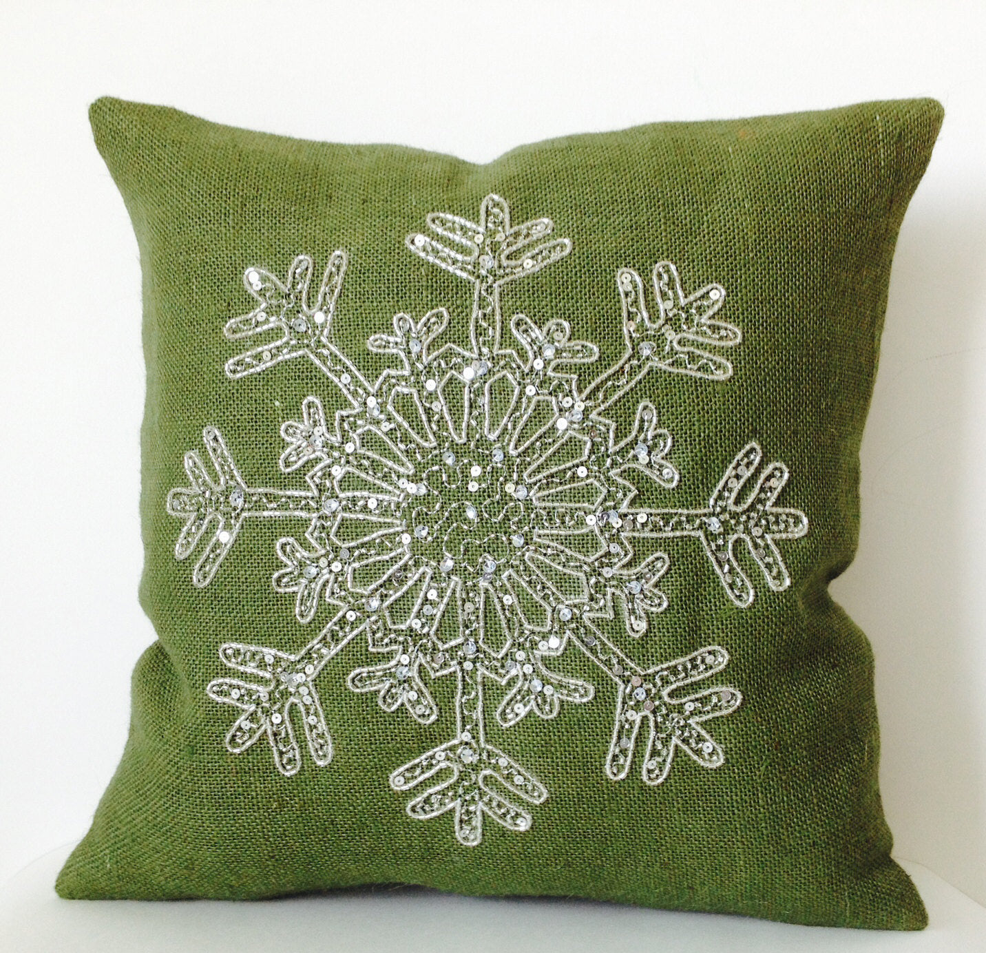 Amore Beaute green burlap pillow cover has shimmering sequin and beads jeweled adorned to create a luxuriously magical Christmas pillow!