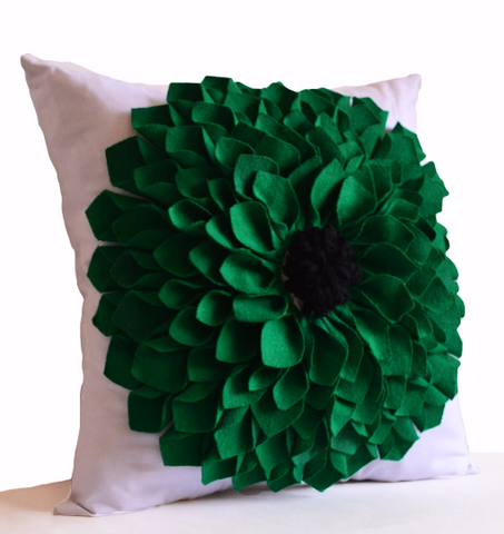 Handcrafted white pillow cover with green felt flower