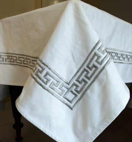 Round Table Cloth With Greek Key Embroidery