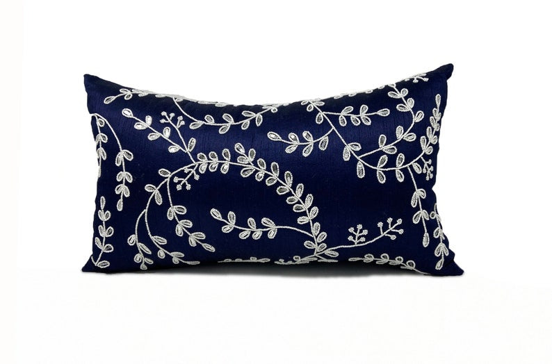 Handmade Bead Sequin Leaves Navy Blue Pillow Cover -Silk Throw Pillow Cover