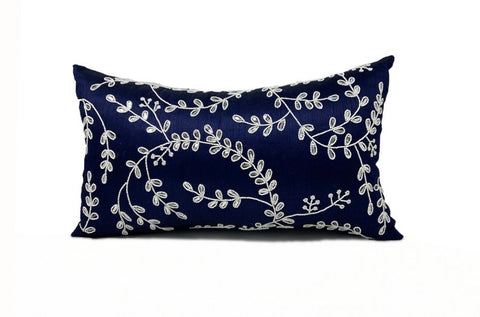 Amore Beaute Handmade Bead Sequin Leaves Navy Blue Pillow Cover -Silk Throw Pillow Cover, dorm pillow cover