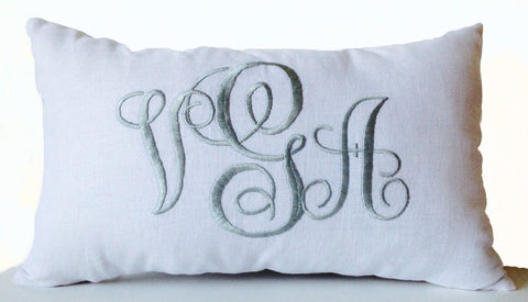White Linen Monogram Pillow Covers -Custom Lumbar Monogram throw Pillow -Cursive Three Letters Decorative Pillows- Initial Cushion- Wedding