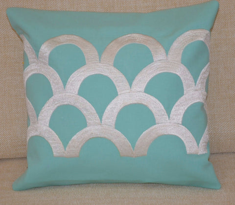 Handmade teal cushion with ivory white silk embroidery