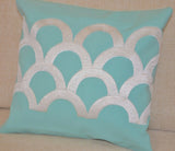 Handmade teal cushion with ivory white silk embroidery