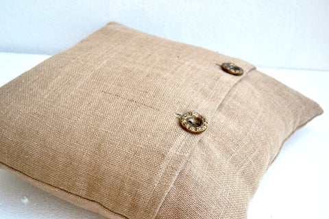 Handmade burlap cushion cover with gold sequin and beads