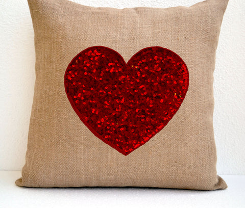 Handmade red heart pillow cover with personalized message