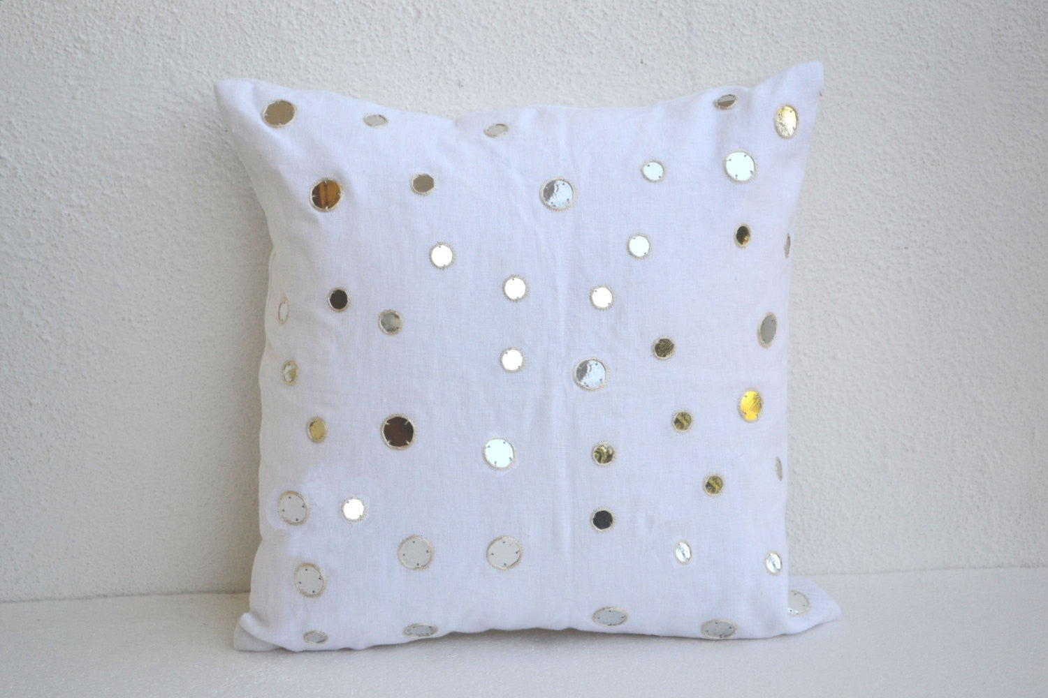 Handmade linen white throw pillows with mirrors