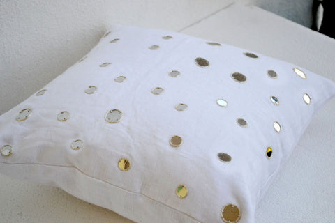 Handmade linen white throw pillows with mirrors