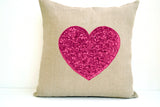 Handmade white burlap throw pillow cover with platinum, red, pink, golden sequin