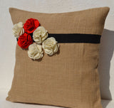 Handmade burlap pillow cover with red white flowerr