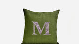 Handmade green pillow with silver sequin and monogram