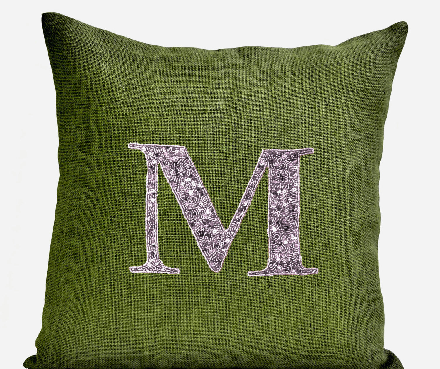 Handmade green pillow with silver sequin and monogram