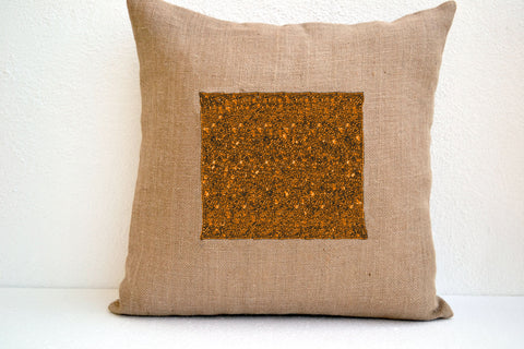 Handmade burlap cushion cover with gold sequin and beads