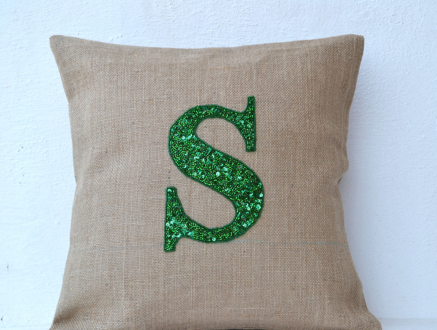 Handmade burlap throw pillow with sequin and monogram