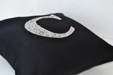 Handmade linen monogrammed throw pillow with metallic silver sequin