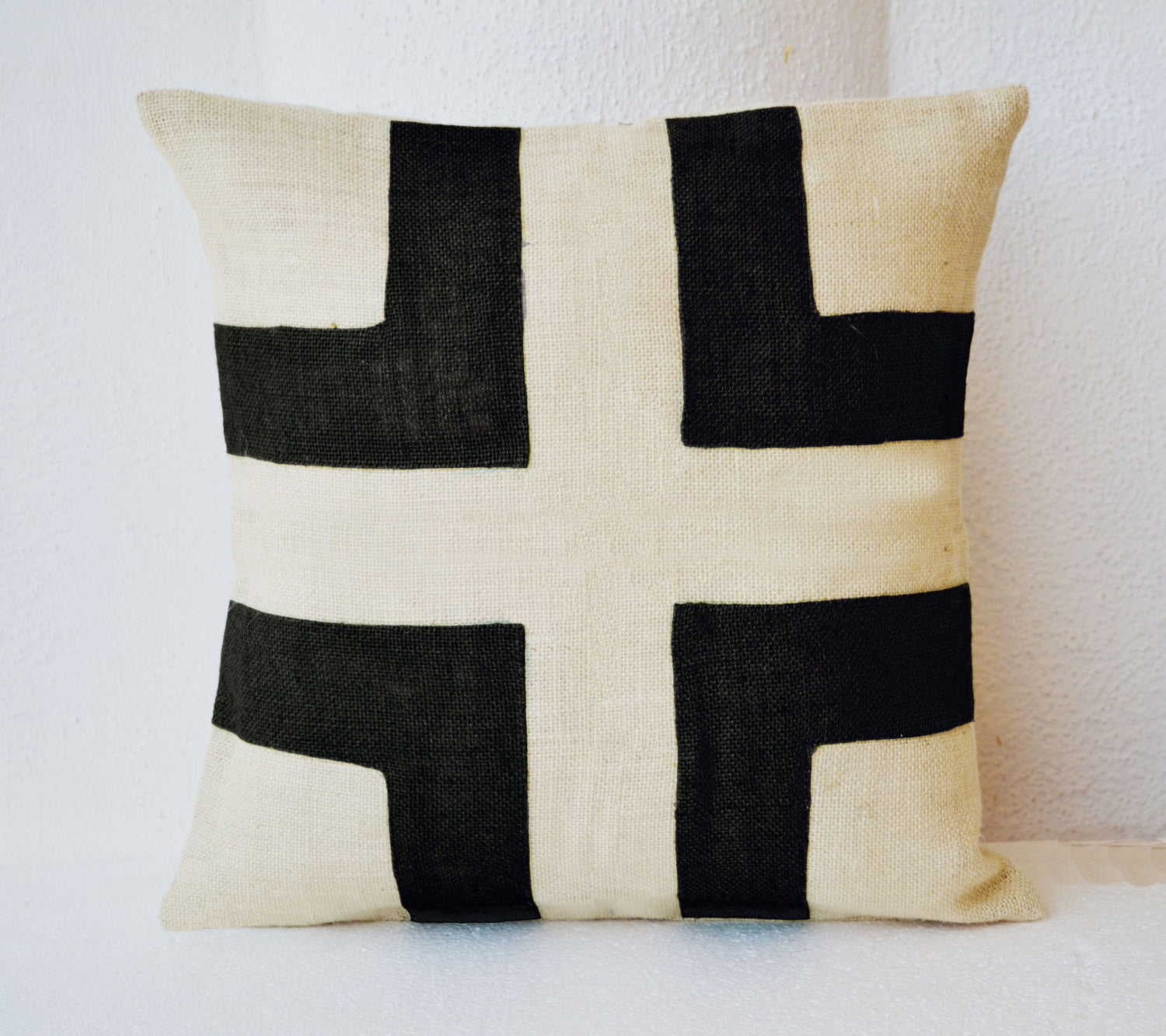 Handmade burlap cream pillow cover with black applique