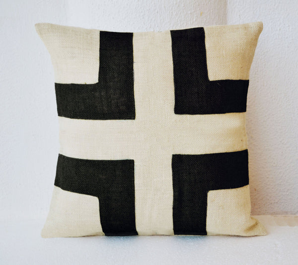 Shop online for handmade burlap cream pillow cover with black applique ...