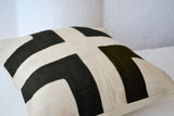 Handmade ivory white burlap pillow with black applique
