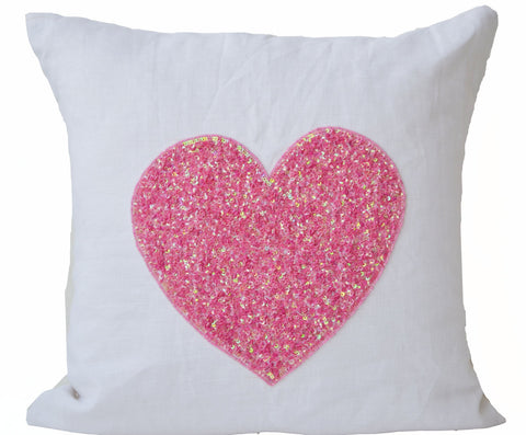 Handmade white linen pillow covers with pink sequin