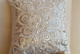 Handmade ivory white throw pillow with silver sequin
