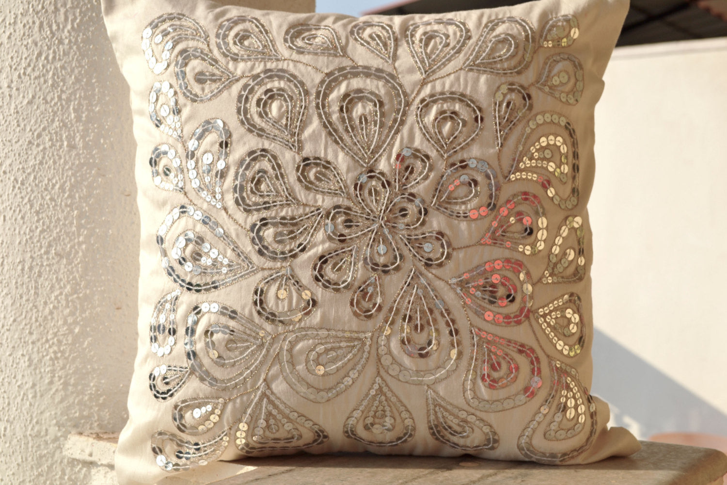 Handmade ivory white throw pillow with silver sequin