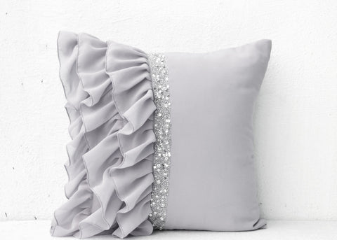 Handmade gray throw pillow with sequin and ruffles