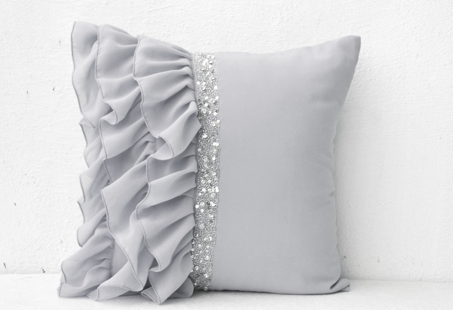 Handmade gray throw pillow with sequin and ruffles