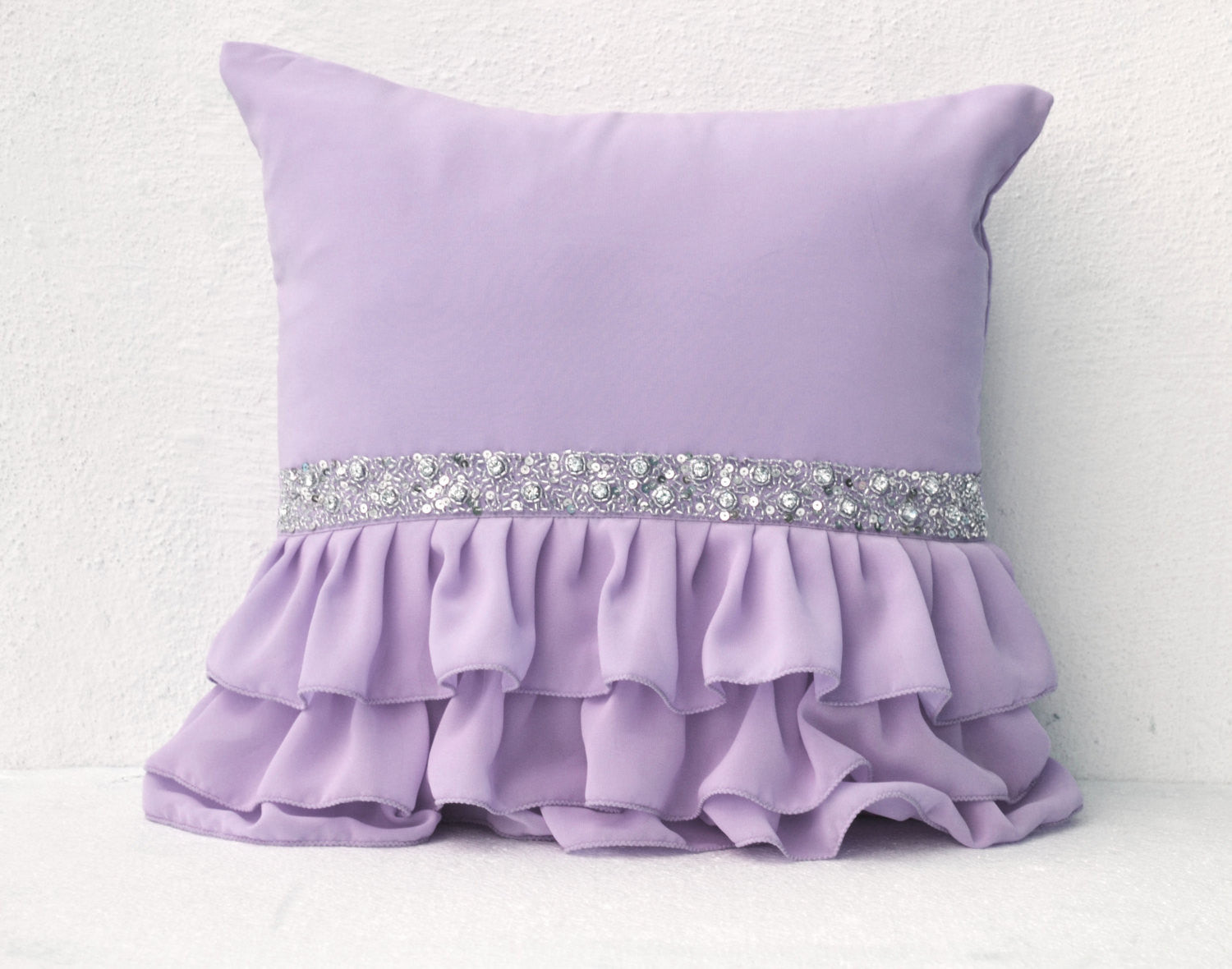 Handmade lilac throw pillow with ruffles and sequin