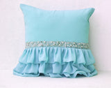 Handmade sky blue throw pillow with ruffles and sequin