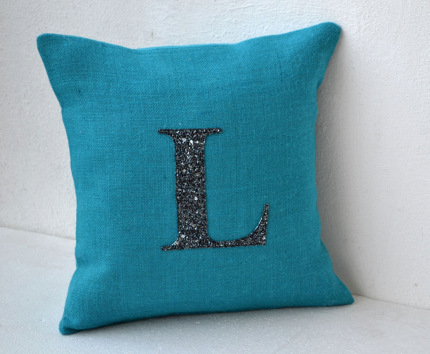 Amore Beaute Customized Monogram In Spakeling Black Beads Sequin On Turquoise Blue Burlap Decorative Throw Pillow Cover