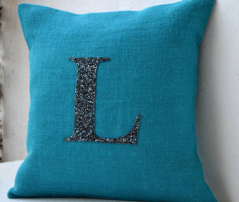 Amore Beaute Customized Monogram In Spakeling Black Beads Sequin On Turquoise Blue Burlap Decorative Throw Pillow Cover
