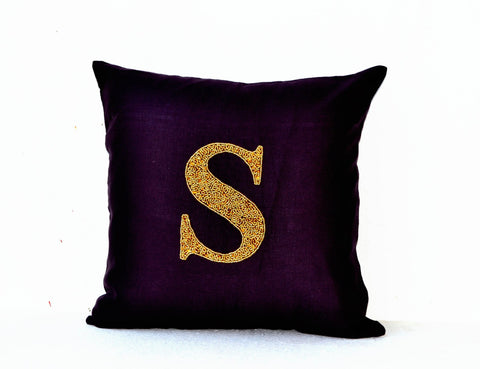 Handmade purple linen pillow with monogram gold sequin and beads