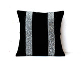 Handmade black burlap throw pillow with silver sequin