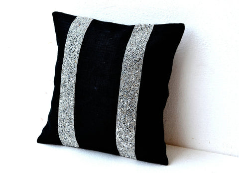 Handmade black burlap throw pillow with silver sequin