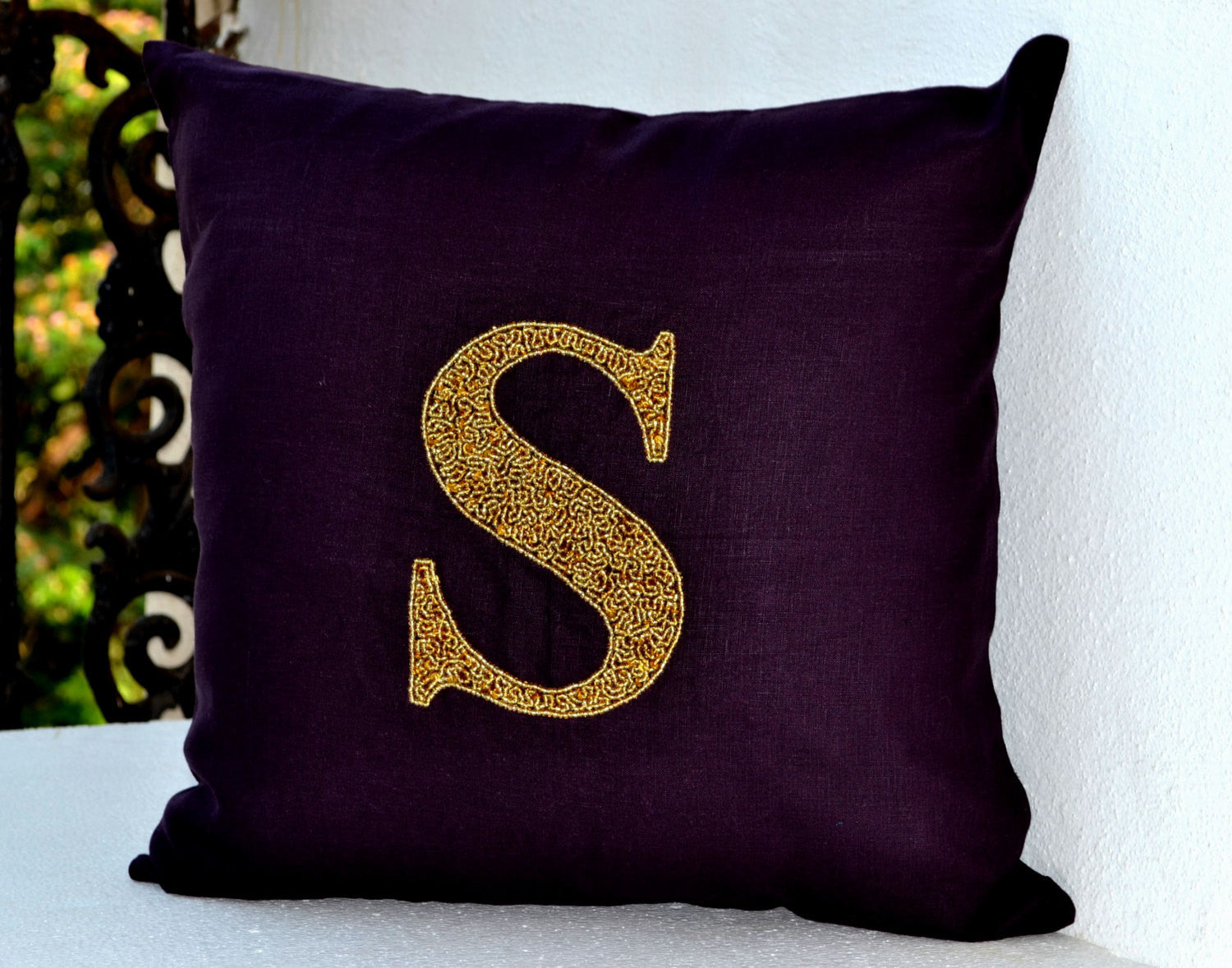 Handmade purple linen pillow with monogram gold sequin and beads