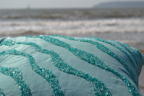 Handmade teal throw pillow with sea waves silk sequin