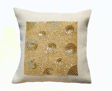 Handmade gold throw pillow with beaded sequin