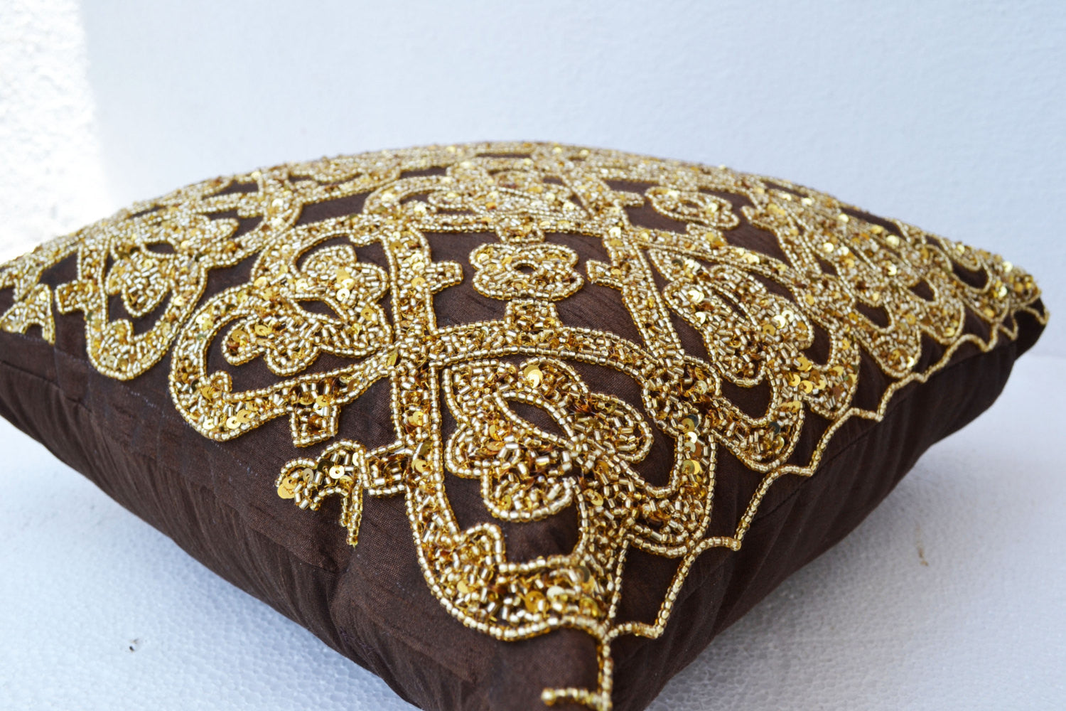 Shop for handmade pink gold silk pillows with sequin and color