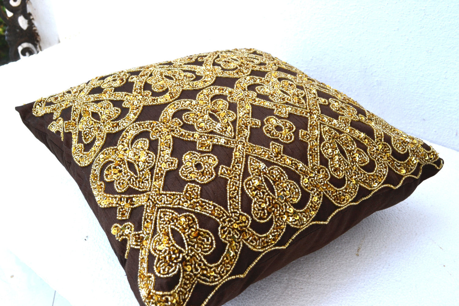 Shop for handmade pink gold silk pillows with sequin and color