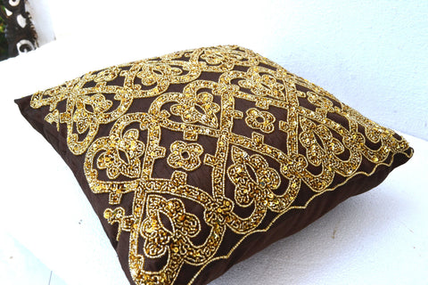 Handmade brown gold silk throw pillow with glitter
