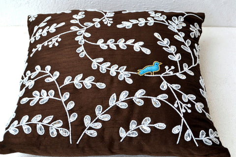 Amore Beaute Solitarty Bird Cushion On Brown Accent Toss Pillow With White Beads Leaf and Turquoise Bird