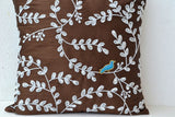 Amore Beaute Solitarty Bird Cushion On Brown Accent Toss Pillow With White Beads Leaf and Turquoise Bird