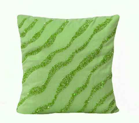 Handmade green throw pillows with beads and sequin