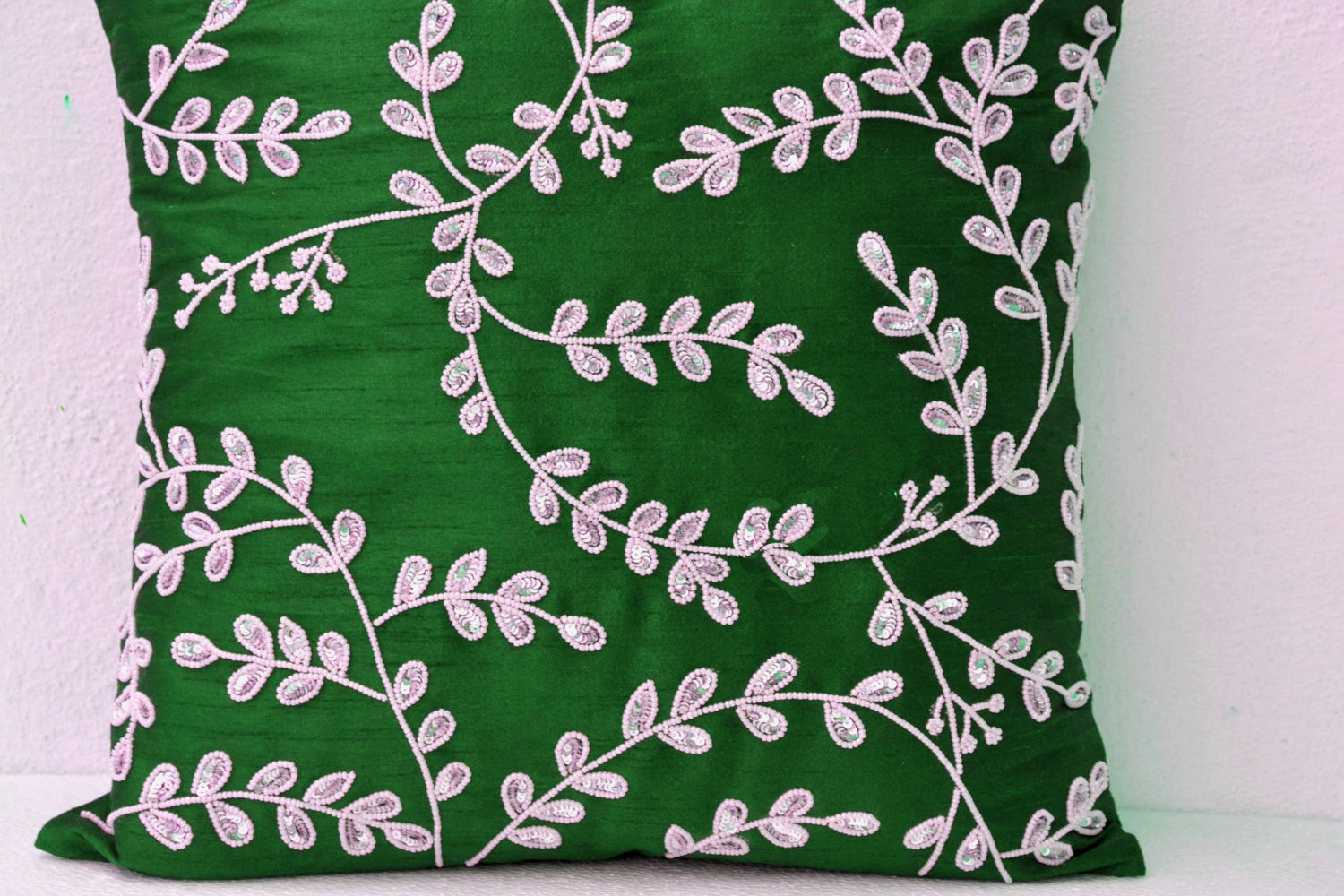 Handmade emerald throw pillow with bead sequin