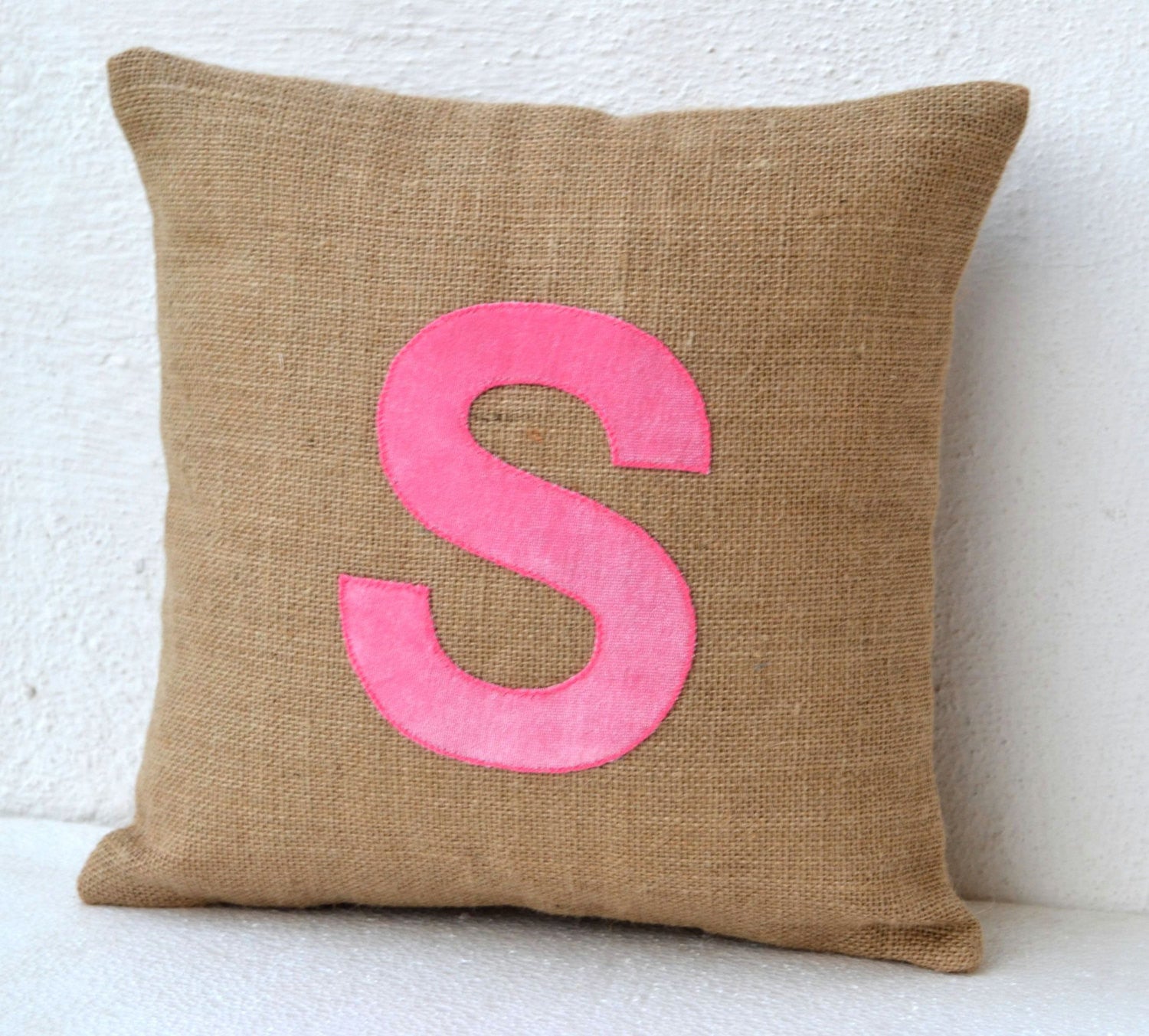 Handmade burlap throw pillow with monogram
