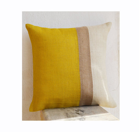 Handmade yellow throw pillow with color block, beads and sequin