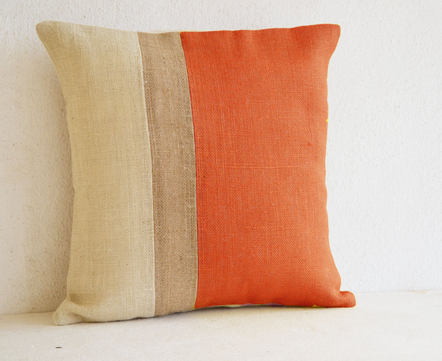 Handmade orange burlap decorative throw pillow with color black