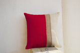 Handmade red burlap pillow cover with color block