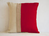 Handmade red burlap pillow cover with color block